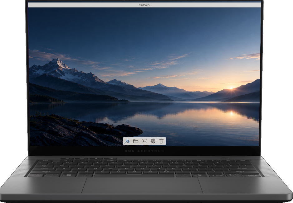 AvenorOS desktop with the lake wallpaper, top bar and dock, running on an ASUS ROG Zephyrus G14